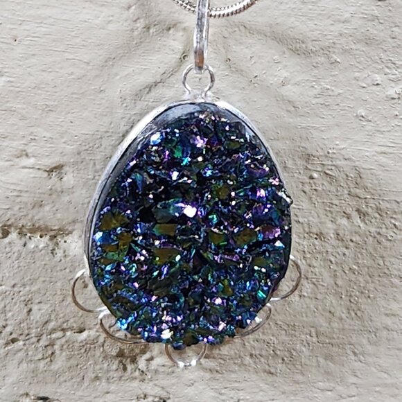 New Womens Blue Druzzy Meterorite Teardrop Necklace 925 Sterling Silver 18" - Picture 1 of 4